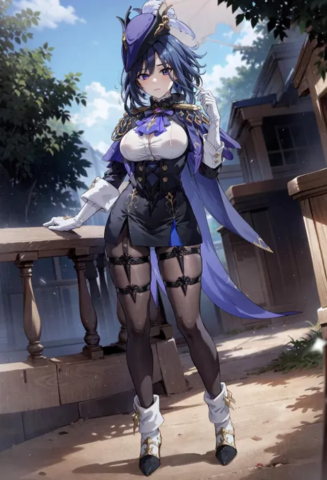 (masterpiece:1.1), best quality, (photorealistic:1.2), hyperrealistic,(ultrarealistic uhd faces:1.2),beautiful eyes, fake breast, Best quality, masterpiece, ultra high res, photorealistic, girls, goddess, clorinde \(genshin impact\), medium breasts, fake breast,  thick thigh, muscular female, expressionless, messy hair, tricorne, blue cape, white shirt, underbust, ascot, jacket, white gloves, pencil skirt, thigh strap, pantyhose, boots, forest, dynamic angle, dynamic pose, <lora:add_detail:0.3> , <lora:FakeBreastsV8:0.1> ,   <lora:ReaLora:0.6>,  <lora:Char-Genshin-Clorinde:0.85>