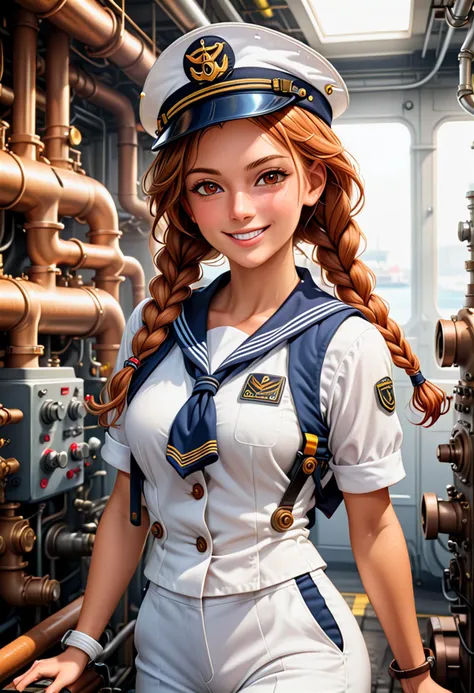 (medium full shot) of (dashing sailor) young woman, italian, tan skin, light brown eyes, slender build, long ginger single braid hair, wearing a sailor hat, neatly pressed white shirt, sailor trousers, white sneakers, life vest, set in  Engine Room, industrial area with large machinery, control panels, pipes and valves, greasy floor, tools scattered around, woman smiling,  ,Masterpiece,best quality, photo, realistic, very aesthetic, detailed face,