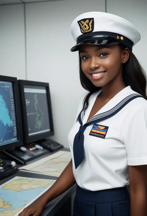 (medium full shot) of (handsome sailor) young woman, black american, dark skin, black eyes, slender build, long dark side-swept bangs hair, wearing a sailor hat, striped top, sailor trousers, slip-on shoes, holding a map, set in Command Center, high-tech room with computers and screens, naval officers monitoring operations, maps on the walls, communication equipment, on shore leave, woman smiling, ,Masterpiece,best quality, photo, realistic, very aesthetic, detailed face,
