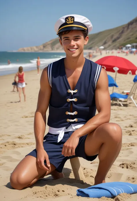 (medium full shot) of (rugged sailor) young man, american, tan skin, light brown eyes, slim build, short hazel shag cut hair, wearing a sailor hat, blue sailor blouse, khakis, black dress shoes, life vest, set in  Sandy Beach, beautiful stretch of sand, waves crashing, beach umbrellas and towels, people sunbathing, children building sandcastles , woman smiling, Masterpiece,best quality, photo, realistic, very aesthetic, detailed face,