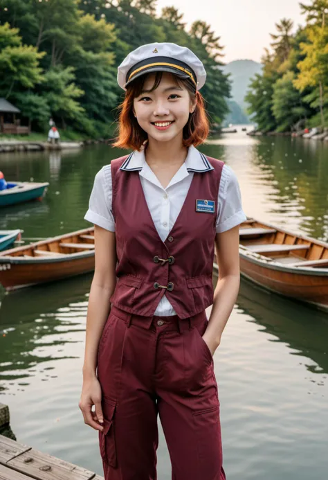 masterpiece, reality, 4k, (medium full shot) of (jaunty sailor) young woman, korean, fair skin, brown eyes, tiny build, long red inverted bob hair, wearing a sailor hat, burgundy button-up shirt, cargo pants, white sneakers, life vest, set in  Recreational Dock, area with small boats and canoes, families enjoying the water, children playing, sunny weather, at sunset, woman smiling