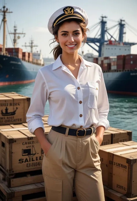 (medium full shot) of (rugged sailor) young woman, arabian, tan skin, hazel eyes, curvy build, medium dark bun hair, wearing a sailor hat, red button-up shirt, cargo pants, loafers, holding a sextant, set in  Port Dock, busy area with ships moored, crates and barrels stacked, sailors loading and unloading goods, seagulls overhead, at sea, woman smiling, Masterpiece,best quality, photo, realistic, very aesthetic, detailed face,