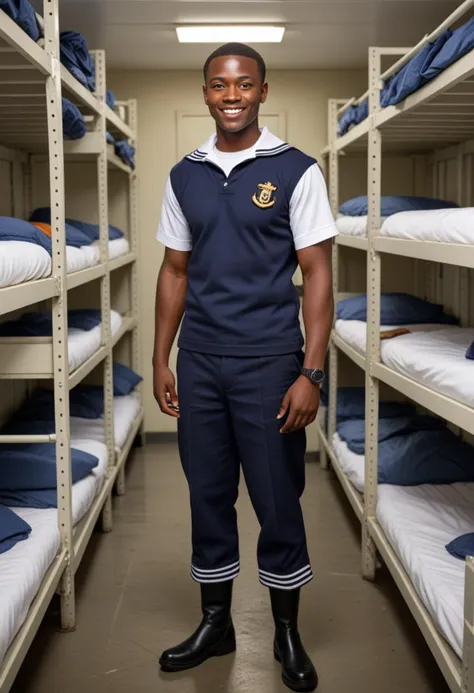 (medium full shot) of (rugged sailor) young man, south african, dark skin, black eyes, curvy build, medium ginger bob hair, wearing a sailor uniform top, uniform pants, boots, holding a sextant, set in  Barracks, large room with rows of bunks, personal lockers, sailors' personal items, military orderliness, on shore leave, woman smiling, Masterpiece,best quality, photo, realistic, very aesthetic, detailed face,