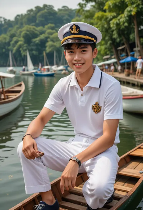 (medium full shot) of (charismatic sailor) young man, thai, fair skin, brown eyes, normal build, short dark hime cut hair, wearing a sailor hat, white polo shirt, comfortable pants, professional shoes, holding a compass, set in  Recreational Dock, area with small boats and canoes, families enjoying the water, children playing, sunny weather, woman smiling, Masterpiece,best quality, photo, realistic, very aesthetic, detailed face,