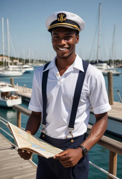 (medium full shot) of (dashing sailor) young man, black american, dark skin, brown eyes, Medium build, short dark french braid hair, wearing a sailor hat, navy blue sailor shirt, sailor trousers, white sneakers, holding a map, set in  Marina, upscale area with luxury yachts, wooden piers, sailors prepping boats, calm water, clear sky, on shore leave, woman smiling, Masterpiece,best quality, photo, realistic, very aesthetic, detailed face,