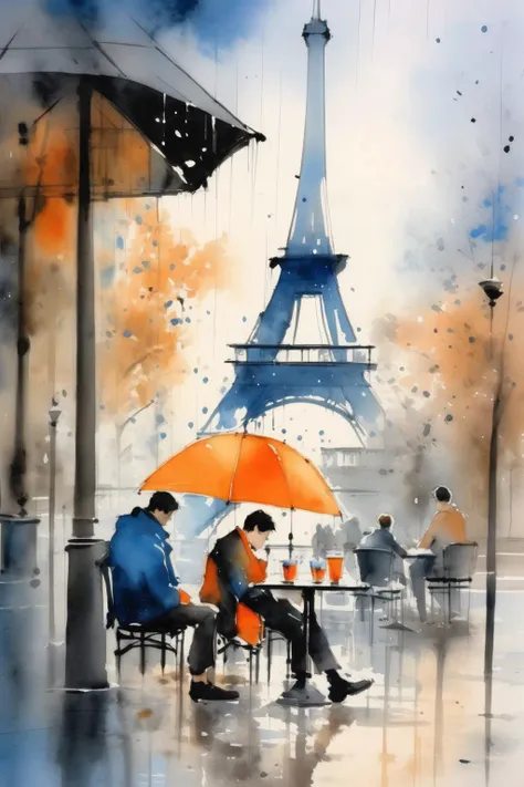 <lora:Thomas Schaller Style:1>Thomas Schaller Style - Paris under the rain, water color painting, orange, blue and black color, young man seating in outside the cafe, eiffel tower in the background