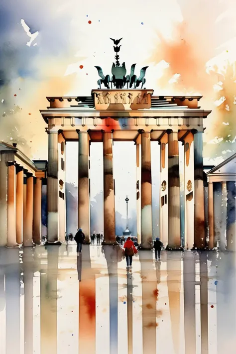 <lora:Thomas Schaller Style:1>Thomas Schaller Style - a beautiful watercolor painting of The Brandenburg Gate, Berlin, This iconic landmark in the heart of Berlin provides a historical backdrop and serves as a symbol of unity and freedom. bright and airy colors