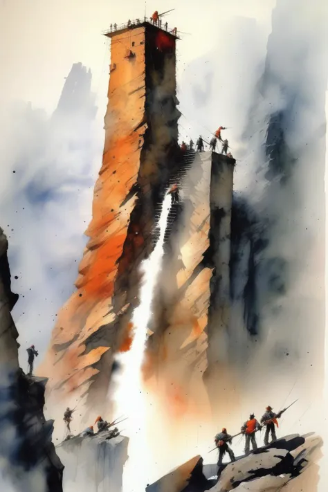 <lora:Thomas Schaller Style:1>Thomas Schaller Style - a massive cliff, one army on the bottom, climbing with massive siege towers, the other army on the top of the cliff, shooting cannons and muskets down at them. In the style of Michael Orton. In the style of Michael Whelan. In The Style of Stephen Gammell, watercolor photorealistic