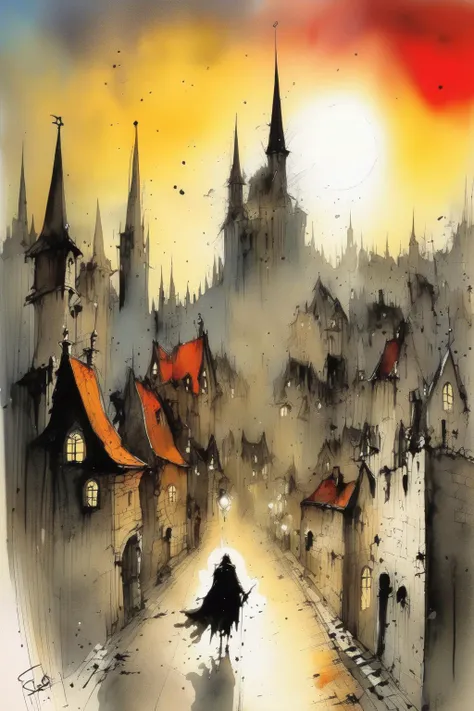 <lora:Thomas Schaller Style:1>Thomas Schaller Style - A medieval city with a bright hopeful light blessing the city in Ralph Steadman Style