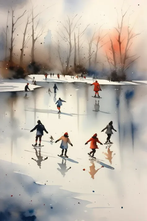 <lora:Thomas Schaller Style:1>Thomas Schaller Style - watercolor art of 26. Skaters on a frozen lake beautiful watercolor art no splash