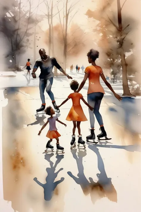 <lora:Thomas Schaller Style:1>Thomas Schaller Style - watercolor art of black family 6. Sculpture of a family on skates trying to catch up with each other beautiful art no splash