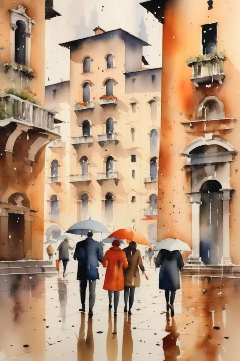 <lora:Thomas Schaller Style:1>Thomas Schaller Style - watercolor of people walking in the rain in an Italian piazza
