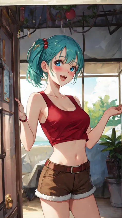 lumen reflections, natural lighting, evocative, triadic color scheme, cowboy shot, elegant, voluptuous:0.6, looking at viewer, 1girl, female, solo, blush, open mouth, smile, teeth, sfw, <lora:db_bulma:1>, bulma, (aqua hair), long hair, side ponytail, blue eyes, bobbles, hair bobbles, red hair bobbles, top, tank top, (red tank top), midriff, shorts, (tan shorts), belt, brown belt