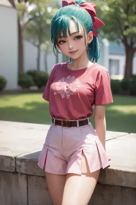 (masterpiece, best quality:1.2), <lora:db_bulma-10:1.0>, cowboy shot, solo, 1girl, bulma, smile, looking at viewer, arms behind back, braided ponytail, red hair bow, pink shirt, short sleeves, pink skirt, belt pouch, purple kerchief