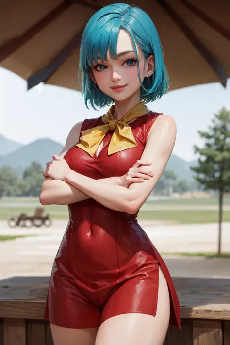 (masterpiece, best quality:1.2), <lora:db_bulma-10:1.0>, cowboy shot, solo, 1girl, bulma, smile, looking at viewer, crossed arms, short hair, red sleeveless dress, yellow kerchief