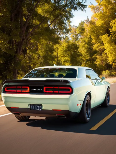 masterpiece, best quality, dodgechallenger, rear_view, 1car, highly detailed, road background, cinematic, soft light <lora:DODGECHALLENGER:0.7>