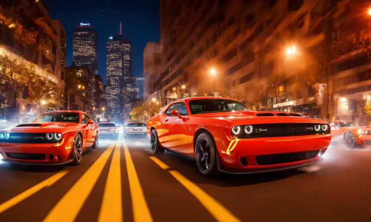 masterpiece, best quality, dodgechallenger, 2 cars, highly detailed, night background, cinematic, soft light   <lora:DODGECHALLENGER:0.7>