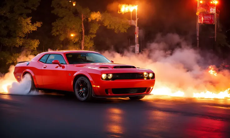 masterpiece, best quality, dodgechallenger, burn out, 1car, highly detailed, night background, cinematic, soft light <lora:DODGECHALLENGER:0.7>