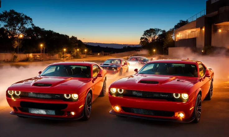 masterpiece, best quality, dodgechallenger, 2 cars, highly detailed, night background, cinematic, soft light <lora:DODGECHALLENGER:0.7>