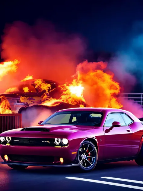 masterpiece, best quality, dodgechallenger, burn out, 1car, highly detailed, night background, cinematic, soft light <lora:DODGECHALLENGER:0.7>