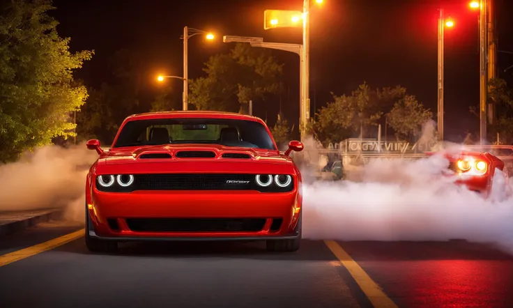 masterpiece, best quality, dodgechallenger, front view, 1car, highly detailed, night background, cinematic, soft light   <lora:DODGECHALLENGER:0.7>