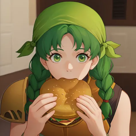 score_9, score_8_up, score_7_up, solo, 1girl, ferebecca, jermaWhopper, eating, burger, looking at viewer, upper body, twin braids, bandana, sleeveless, breastplate, shoulder armor, indoors <lora:fireemblem_rebecca_ponyXL:1> <lora:jermawhopper-pdxl-nvwls-v1:1>