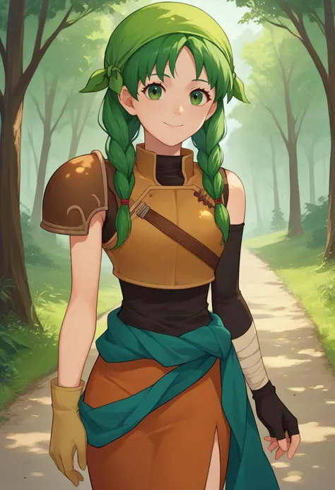 score_9, score_8_up, score_7_up, source_anime, solo, 1girl, ferebecca, smile, looking at viewer, standing, twin braids, bandana, sleeveless, breastplate, shoulder armor, asymmetrical gloves, fingerless gloves, skirt, outdoors, forest, path <lora:fireemblem_rebecca_ponyXL:1>