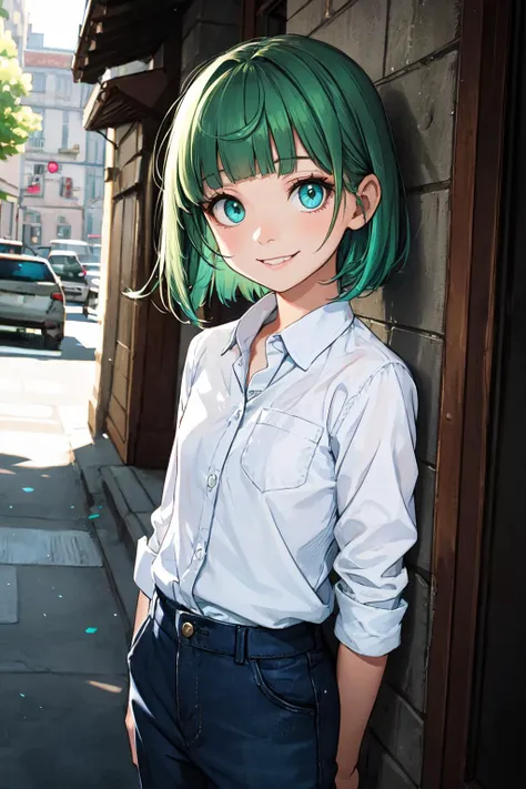 (masterpiece, best quality, SFW:1.2), elegant, angelic, tone mapping, indirect light, BREAK, 1girl, happiness, grin, looking at viewer, forehead, cute, petite, flat_chest, hips, thin legs, (spring green hair, hime cut, blunt bangs:1.2), (cyan eyes:1.2), BREAK, (lace trim  dress shirt,  pants rolled up), BREAK, perspective,portrait, arms at sides, BREAK, outdoors, shore