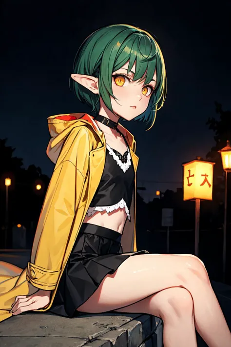 (masterpiece, best quality, SFW:1.2), smooth, masterpiece, psychedelic, cinematic lighting, BREAK, 1girl, anger, looking at viewer,cute, petite, flat_chest, hips, thighs, (dark green hair, pixie cut, pointy hair:1.2), (orange_colored eyes:1.2), BREAK, ( frilled shirt, see-through  long coat, frills,  high-low skirt, ), BREAK, from side, crossed legs, BREAK, outdoors, graveyard