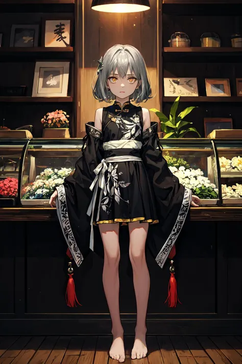 (masterpiece, best quality, SFW:1.2), fascinating, insanely detailed, aesthetic, bioluminescent details, BREAK, 1girl, disgusted, looking at viewer,cute, petite, flat_chest,  (silver hair, big hair, undercut:1.2), (dark orange_colored eyes:1.2), BREAK, (brown chinese clothes, barefoot), BREAK, back focus, legs apart, BREAK, building, flower shop