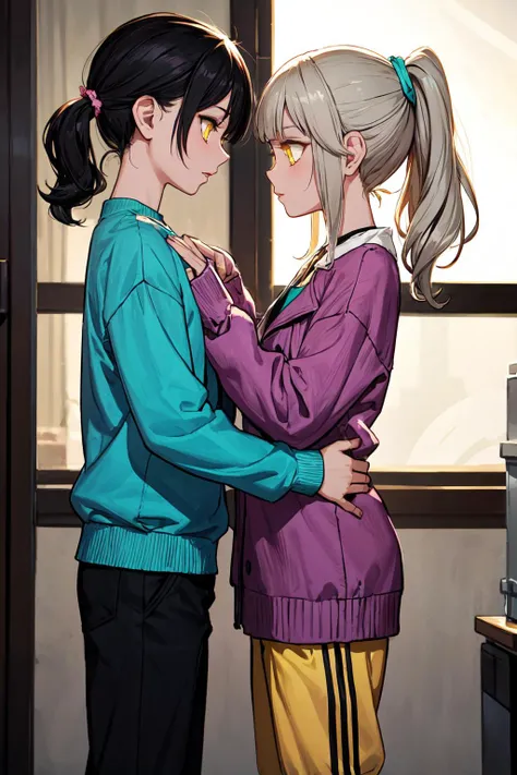 (masterpiece, best quality, SFW:1.2), smooth, sharp focus, aesthetic, glowing, BREAK, 1girl, anxious, looking down, forehead, cute, petite, flat_chest, thin legs, (dim gray hair, ponytail, wavy hair:1.2), (light golden yellow eyes:1.2), BREAK, (dress flower hotpink sweater, taut shirt purple blue peacoat, flower trim, turquoise pants rolled up), BREAK, fisheye,eye focus,profile, balancing, BREAK, building, sex shop
