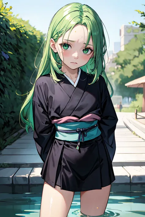 (masterpiece, best quality, SFW:1.2), smooth, HQ, vibrant, bloom, BREAK, 1girl, sad, looking down, forehead, cute, petite, flat_chest,  (shiny green hair, very long hair, messy hair:1.2), (gainsboro eyes:1.2), BREAK, ( japanese clothes), BREAK, pov,wide shot, legs apart,arms behind back, BREAK, outdoors, waterpark