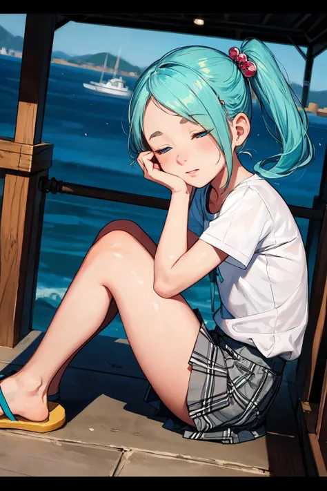 (masterpiece, best quality, SFW:1.2), fascinating, intricate, vintage, rim lighting, BREAK, 1girl, naughty_face, looking at viewer, forehead, cute, petite, flat_chest, legs, thick thighs, (medium aquamarine hair, side ponytail, hair over eyes:1.2), (teal blue eyes:1.2), BREAK, ( shirt, rosy brown plaid skirt, , hair ornament, flip-flops), BREAK, dutch angle,upper body, fetal position, BREAK, outdoors, harbor