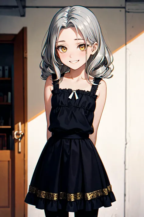 (masterpiece, best quality, SFW:1.2), smooth, spirals, lush, ektachrome, BREAK, 1girl, :|, grin, looking down, forehead, cute, petite, flat_chest, (golden hair, medium hair, undercut, ringlets:1.2), (bright silver eyes:1.2), BREAK, ( frilled shirt, petticoat), BREAK, perspective,wide shot, arms behind back, BREAK, building, hangar
