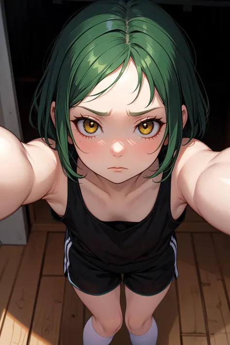 (masterpiece, best quality, SFW:1.2), keyvisual, wallpaper, vibrant, soft lighting, BREAK, 1girl, frown, looking up, forehead,  cute, petite, flat_chest, wide hips, thick thighs, (green hair, very short hair, flipped hair:1.2), (golden eyes:1.2), BREAK, (see-through white shiny tank top,  gym shorts, white kneehighs), BREAK, from above,eye focus,portrait, knees to chest,crossed arms, BREAK, outdoors, zoo