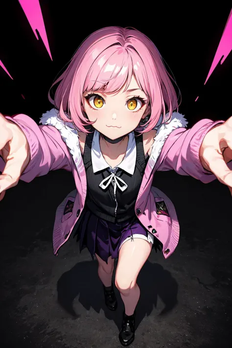 (masterpiece, best quality, SFW:1.2), surreal, ornate, lush, bioluminescent details, BREAK, 1girl, :3, looking at viewer,cute, petite, flat_chest, wide hips, (hotpink hair, crossed bangs:1.2), (yellow eyes:1.2), BREAK, (torn clothes darkmagenta cardigan, crimson fur coat, bright blue lowleg skirt, ), BREAK, from above, hugging own legs,victory pose, BREAK, building, megastructure