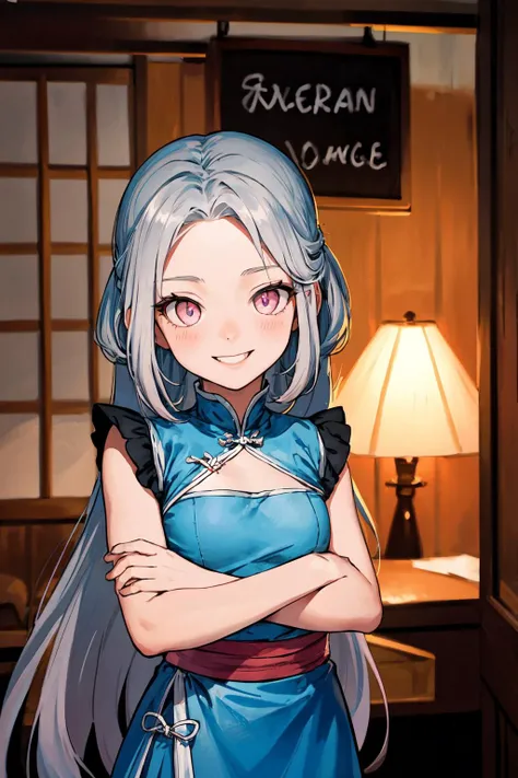 (masterpiece, best quality, SFW:1.2), evocative, HQ, vintage, bloom, BREAK, 1girl, jealous, grin, looking down, forehead, cute, petite, flat_chest,  (vivid blue hair, absurdly long hair:1.2), (light pink eyes:1.2), BREAK, (bright silver vietnamese dress), BREAK, breast focus,upper body, hugging own legs,crossed arms, BREAK, building, izakaya