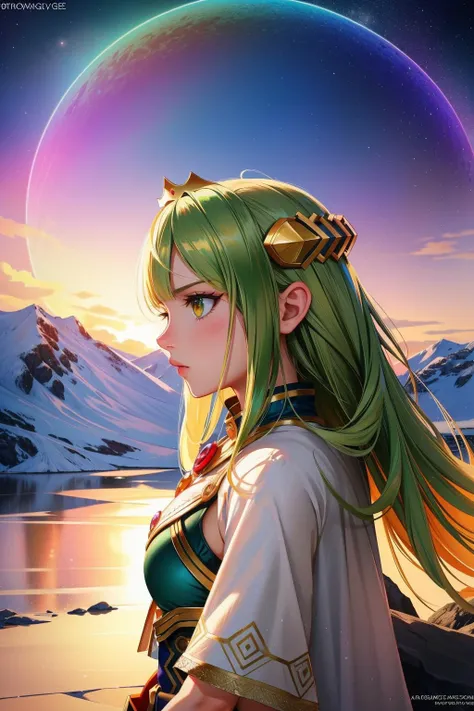 1girl, epic headshot of, insane details, highly detailed, profile of a Dreamy Aggravated ("D/D/D Wave Oblivion King Caesar Ragnarok":1.3) , clean, soap bubbles, iridescent masterpiece, Bold flora in background, Gypsy mountains and Lunar crater in background, Snowy, Wide view, Classical, Shameless, CGI Art, side lit, F/5, Agfacolor, Fire and Olive details, fairy tale, trending on CGSociety, octane engine, Professional