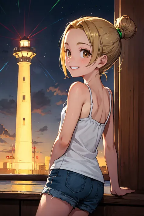 (masterpiece, best quality, SFW:1.2), surreal, wallpaper, post-processing, rim lighting, BREAK, 1girl, shy, grin, looking up, forehead, cute, petite, flat_chest,  (light brown hair, topknot:1.2), (blonde eyes:1.2), BREAK, ( camisole, spring green micro shorts, earclip), BREAK, back focus, slouching, BREAK, building, lighthouse