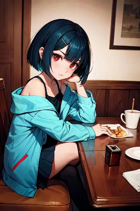 (masterpiece, best quality, SFW:1.2), golden ratio, max detail, vivid color, specular lighting, BREAK, 1girl, anger, looking at viewer,cute, petite, flat_chest,  (dark blue hair, bob cut:1.2), (dark red eyes:1.2), BREAK, (turquoise off-shoulder shirt,  coat,  pleated skirt, , earclip), BREAK, eye focus, fetal position, BREAK, indoors, dining room