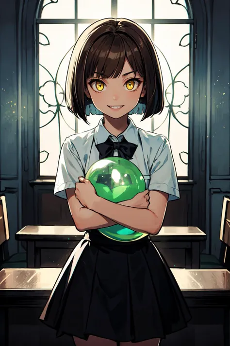 (masterpiece, best quality, SFW:1.2), official art, filigree, muted colors, god rays, BREAK, 1girl, lonely, grin, looking at viewer, forehead, cute, petite, flat_chest, thighs, (dark brown hair, bob cut, spiked hair:1.2), (yellow eyes:1.2), BREAK, ( collared shirt,  bubble skirt, ), BREAK, atmospheric perspective, object hug,v arms, BREAK, indoors, courtroom