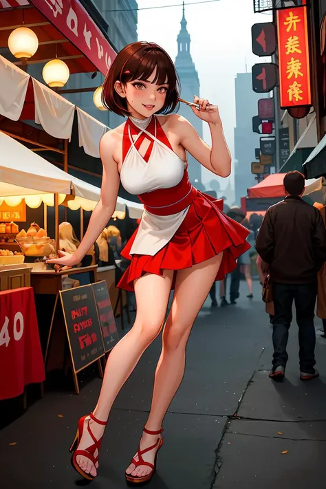 (masterpiece, best quality), female twenty-something, taut, east asian, chestnut eyes, deviated septum nose, wide chin, u-shaped jaw, symmetrical eyes, , dark auburn undercut hair, anger wearing tiered skirt, tanga, sandals, , high heel pose, striking a pose in high heels, enhancing leg length and adding a touch of sophistication, misty lighting, soft, misty light adding an air of mystery and enchantment to the scene, a lively street fair, with food stalls, live music, and laughter