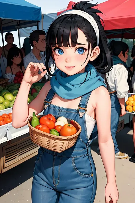 (masterpiece, best quality), female legal age, full-figured, inuit, deep blue eyes,  flat nose, u-shaped chin,    round face shape,   moles, jet black mohawk hair, cry wearing denim jumpsuit, bralette set, boat shoes, cap,, playing with scarf, playing with a scarf with a flirtatious smile, adding a touch of mystery and allure, lens flares, dreamy flares adding a whimsical and romantic touch to the visuals, a vibrant farmer's market, bustling with people and colorful produce