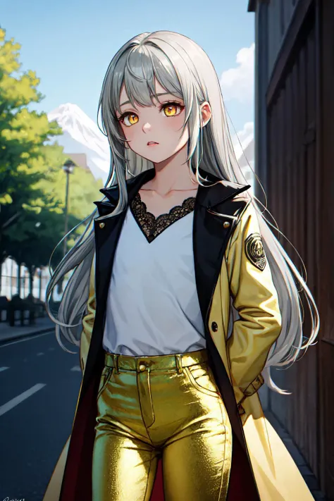 (masterpiece, best quality, SFW:1.2), surreal, lush detail, vintage, caustics
BREAK
1girl, thirsty, looking down,(flat chest, cute, petite:1.2),  (light gray hair, absurdly long hair:1.2), (golden eyes:1.2)
BREAK
( sleeveless shirt, silver trim  long coat, lace trim, golden pants)
BREAK
portrait, arms at sides
BREAK
outdoors, volcano