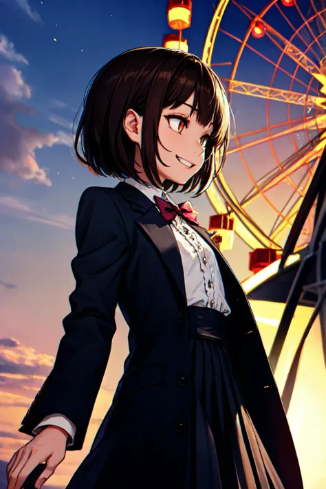 (masterpiece, best quality, SFW:1.2), divine, spirals, psychedelic, radiant light rays
BREAK
1girl, loving, grin, looking down,(flat chest, cute, petite:1.2),  (dark brown hair, medium hair, nihongami:1.2), (bright white eyes:1.2)
BREAK
( blazer,  long coat, frills,  high-waist skirt, )
BREAK
perspective,breast focus,profile, yokozuwari
BREAK
outdoors, ferris wheel