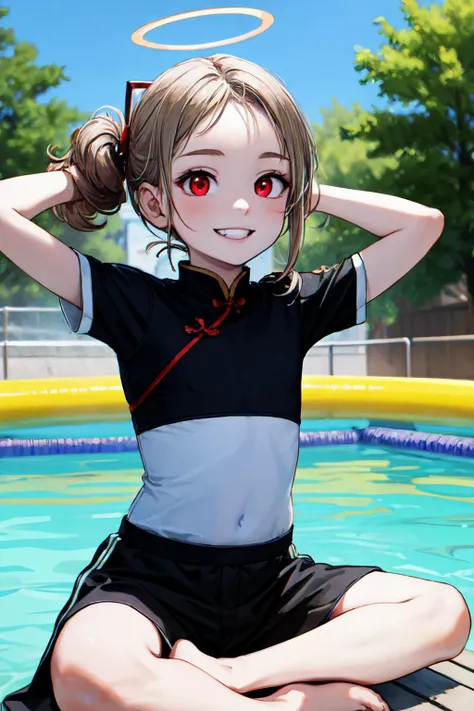 (masterpiece, best quality, SFW:1.2), elegant, max detail, colorgrading, halo
BREAK
1girl, joyful, grin, looking up, forehead, (flat chest, cute, petite:1.2), (khaki hair, big hair:1.2), (pale violet red eyes:1.2)
BREAK
( chinese clothes)
BREAK
Long Shot, indian style,w arms
BREAK
outdoors, waterpark
