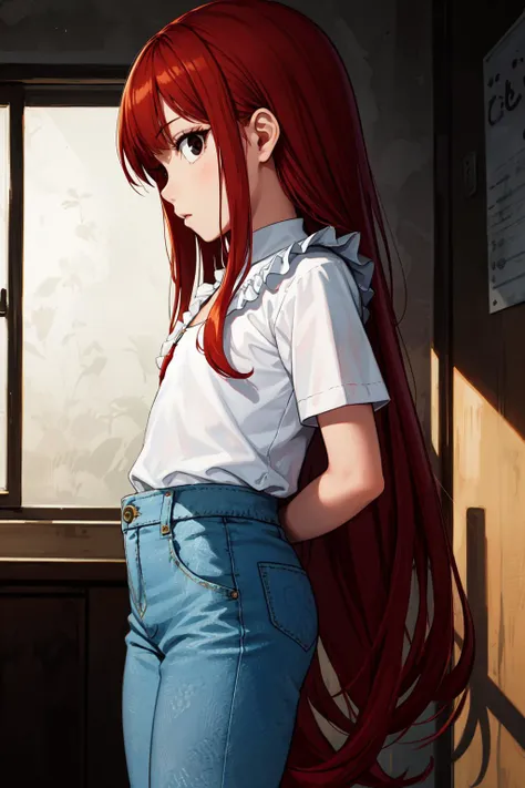 (masterpiece, best quality, SFW:1.2), official art, wallpaper, vibrant, diffused lighting
BREAK
1girl, :<, looking at viewer,(flat chest, cute, petite:1.2), thin legs, thighs, (dark red hair, very long hair, okappa, spiked hair:1.2), (black eyes:1.2)
BREAK
(orange colored frilled shirt, frills, light blue pants rolled up)
BREAK
profile, knees to chest,w arms
BREAK
indoors, workshop