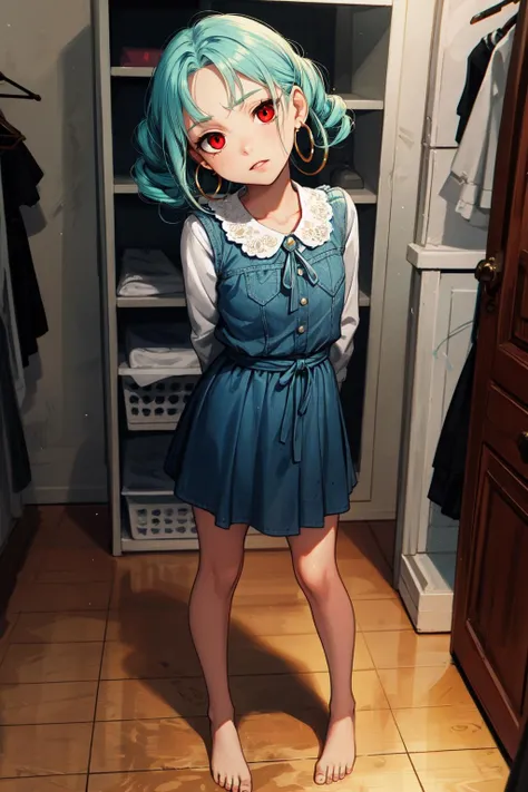 (masterpiece, best quality, SFW:1.2), surreal, decorations, post-processing, shimmering light
BREAK
1girl, anger, looking up, forehead, (cute, small, petite:1.2),  (aquamarine hair, curly hair, sidelocks tied back:1.2), (dark red eyes:1.2)
BREAK
(hoop earrings, barefoot)
BREAK
pov,Close-Up Shot, head tilt,v arms
BREAK
indoors, fitting room