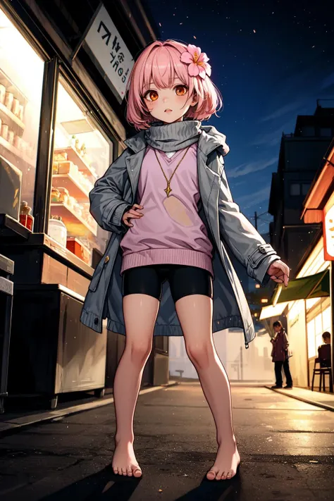 (masterpiece, best quality, SFW:1.2), celestial, tendrils, psychedelic, subsurface scattering
BREAK
1girl, crazy, looking down,(cute, small, petite:1.2),  (light pink hair, hime cut:1.2), (brown eyes:1.2)
BREAK
(gold trim dark orange colored sweater, dress flower gray winter coat, see-through,  bike shorts, shawl, barefoot)
BREAK
wide shot, slouching
BREAK
outdoors, ferris wheel