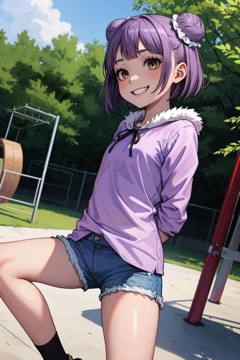 (masterpiece, best quality, SFW:1.2), surreal, hard edge, low saturation , bloom
BREAK
1girl, puzzled, grin, looking up, forehead, (pettanko, petite:1.2), thin legs, thick thighs, (purple hair, short hair, doughnut hair bun:1.2), (light brown eyes:1.2)
BREAK
(fur trim  shirt,  short shorts)
BREAK
dutch angle, knees to chest,arms behind back
BREAK
outdoors, playground